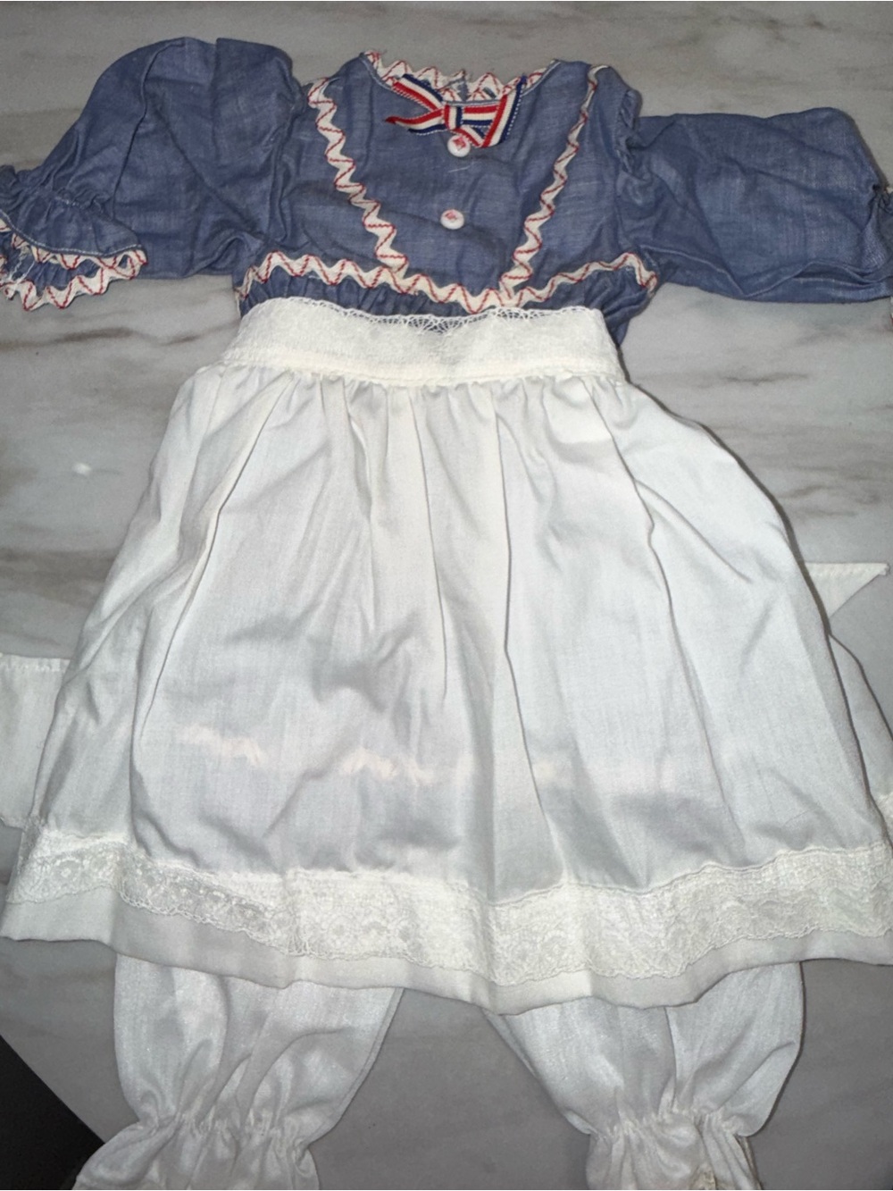 Antique doll 3 piece outfit denim dress bloomers & apron